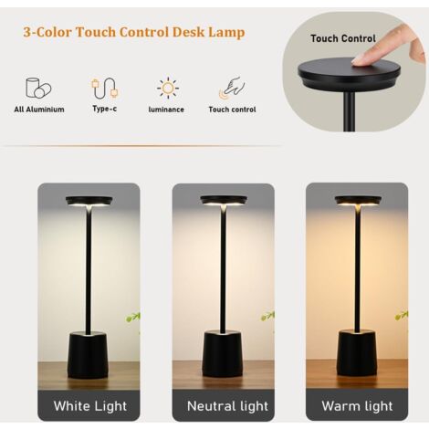 Wireless Metal Desk Lamp, Portable LED Table Lamp with Touch Sensor, Rechargeable Aluminum 3 Colors Light, 3 Level Brightness Lamp, Night Light, Bedside Lamp, Dining Room Lamp (Black)