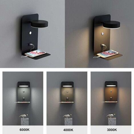 LED Indoor Wall Light with Switch and USB Interface, 12W Tricolor Bedside Wall Lamp Dimmable 90° Adjustable Wall Reading Lamp, Reading Light with Tray, Bedside Lamp Black