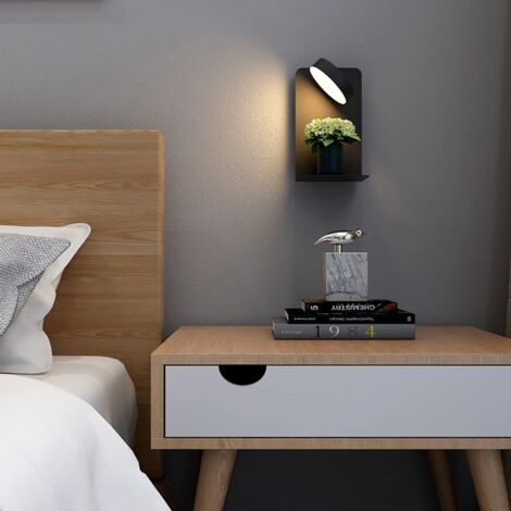 LED Indoor Wall Light with Switch and USB Interface, 12W Tricolor Bedside Wall Lamp Dimmable 90° Adjustable Wall Reading Lamp, Reading Light with Tray, Bedside Lamp Black