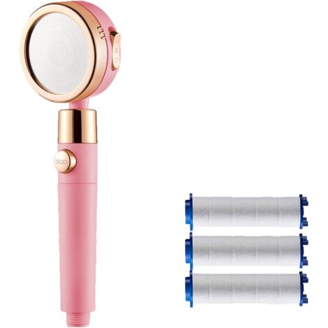 Shower Head, Water Saving Anti-Limescale Shower Head, High Pressure Bathroom Shower Head with 3 + 1 Modes and Filter, One Key Water Stop - ABS - Pink