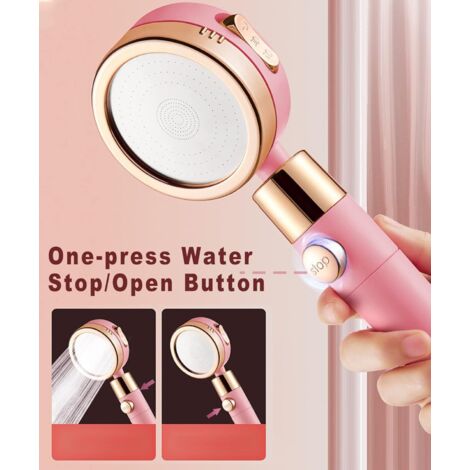 Shower Head, Water Saving Anti-Limescale Shower Head, High Pressure Bathroom Shower Head with 3 + 1 Modes and Filter, One Key Water Stop - ABS - Pink