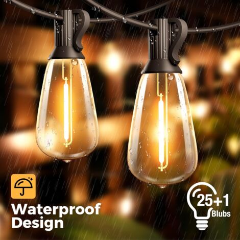 50FT/15M Outdoor String Lights, 25+1 ST38 LED Bulb Fairy Lights, Waterproof and Shatterproof Electric String Lights Outdoor & Indoor for Patio, Garden, Party, Terrace-Warm White
