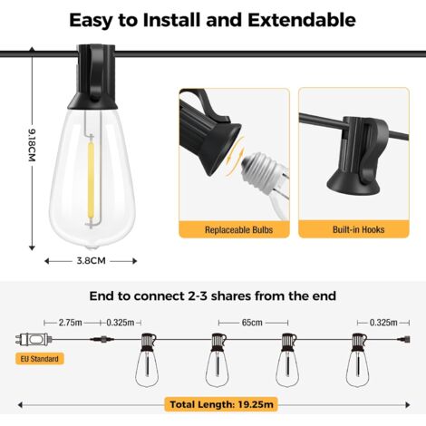 50FT/15M Outdoor String Lights, 25+1 ST38 LED Bulb Fairy Lights, Waterproof and Shatterproof Electric String Lights Outdoor & Indoor for Patio, Garden, Party, Terrace-Warm White
