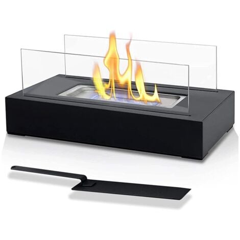 Bioethanol Fireplace, Tabletop Ethanol Fireplace - Portable, Rectangular, Black, Stainless Steel, 2 Glass Panels, for Indoor/Outdoor - Bioethanol Stove, Floor Standing, Mobile