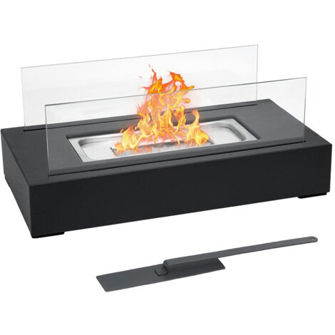 Bioethanol Fireplace, Tabletop Ethanol Fireplace - Portable, Rectangular, Black, Stainless Steel, 2 Glass Panels, for Indoor/Outdoor - Bioethanol Stove, Floor Standing, Mobile