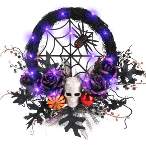 Halloween Christmas Wreath Circle Teng Black Maple Leaf Pumpkin Skeleton with String Lights - A