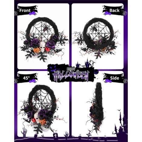 Halloween Christmas Wreath Circle Teng Black Maple Leaf Pumpkin Skeleton with String Lights - A