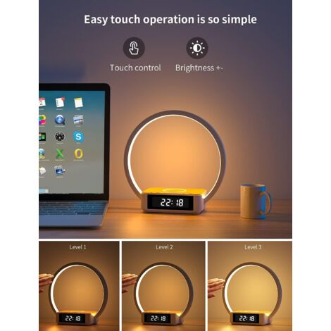 LED Bedside Lamp, Desk Lamp Night Light 3 Brightness Levels and Wireless Charger Clock Lamp Wake Up Light and Touch Sensitive USB Charging
