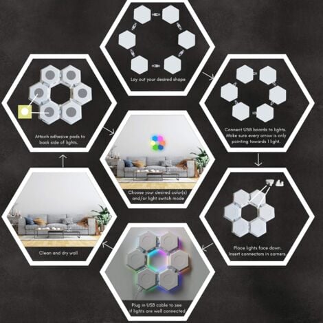LED Wall Light with Remote Control, Intelligent Hexagonal Lights Touch Control RGB Gaming Lamp Night Lights DIY Geometry Splicing Module for Gaming Setup, Home/Bar/Party Decor, 6 Pack