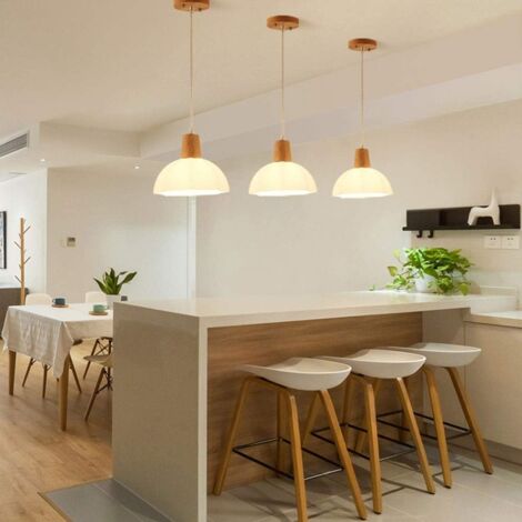 Wood and Glass Pendant Light, Milky White Glass Ceiling Light