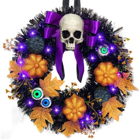 Halloween Christmas Wreath Circle Teng Black Maple Leaf Pumpkin Skeleton with String Lights - B