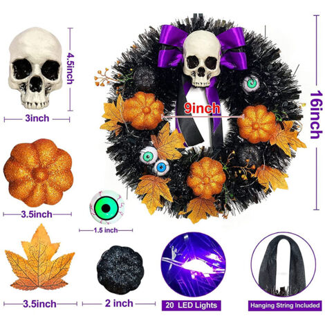 Halloween Christmas Wreath Circle Teng Black Maple Leaf Pumpkin Skeleton with String Lights - B