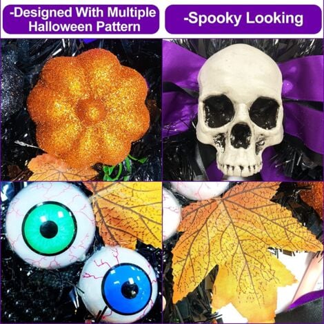 Halloween Christmas Wreath Circle Teng Black Maple Leaf Pumpkin Skeleton with String Lights - B
