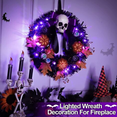 Halloween Christmas Wreath Circle Teng Black Maple Leaf Pumpkin Skeleton with String Lights - B