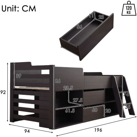 Cabin Bed Mid Sleeper Bed Frame Storage Kids Wooden bed with Drawers Shelf Storage Low Sleeper Bed  3ft Single Children's Wooden Bed - 3ft Single (90 x 190 cm) Frame Only