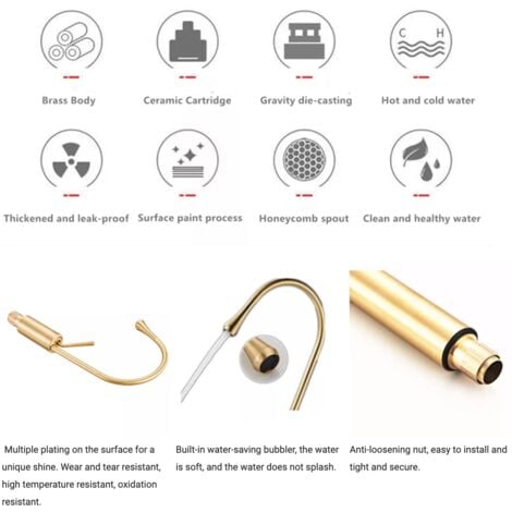 Gold Drop Hot and Cold Basin Faucet, Sink Mixer Tap, Golden Color High Body Basin Faucet, Bathroom and Kitchen Faucet（Including 60cm Water Inlet Hose）