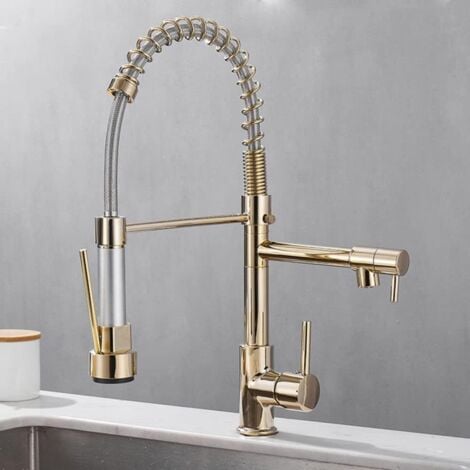 All Copper Kitchen Sink Faucets, Dual Outlet Cold and Hot Water, Deck Mounted Spring Mixer Taps, Gold
