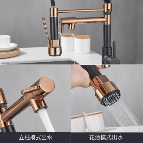 All Copper Kitchen Sink Faucets, Dual Outlet Cold and Hot Water, Deck Mounted Spring Mixer Taps, Gold