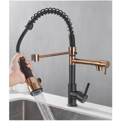 All Copper Kitchen Sink Faucets, Dual Outlet Cold and Hot Water, Deck Mounted Spring Mixer Taps, Gold