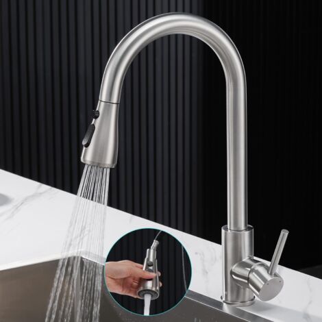 Kitchen Faucet with Pull-Out Spray, 304 Stainless Steel Kitchen Mixer Tap, High Spout 360° Rotatable Sink Faucet with 3 Adjustment Modes, Brushed Finish, Cold & Hot Available