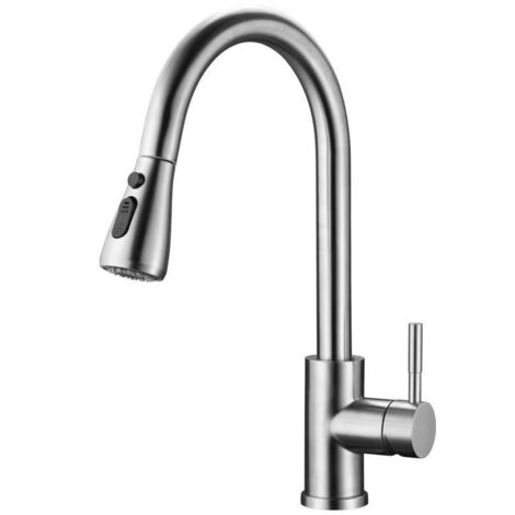 Kitchen Faucet with Pull-Out Spray, 304 Stainless Steel Kitchen Mixer Tap, High Spout 360° Rotatable Sink Faucet with 3 Adjustment Modes, Brushed Finish, Cold & Hot Available