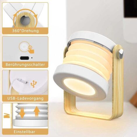 Dimmable Touch LED Bedside Lamp Retro Table Lamp with Wooden Handle 3 Brightness Levels Foldable Portable Table Lamp with