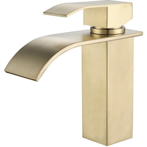 Waterfall Bathroom Sink Faucet, Single Handle Vessel Sink Mixer Tap Waterfall Faucet with Tall Spout in Stainless Steel, Brushed Gold