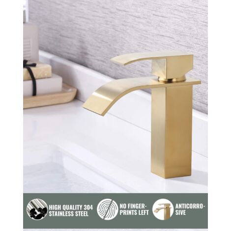 Waterfall Bathroom Sink Faucet, Single Handle Vessel Sink Mixer Tap Waterfall Faucet with Tall Spout in Stainless Steel, Brushed Gold