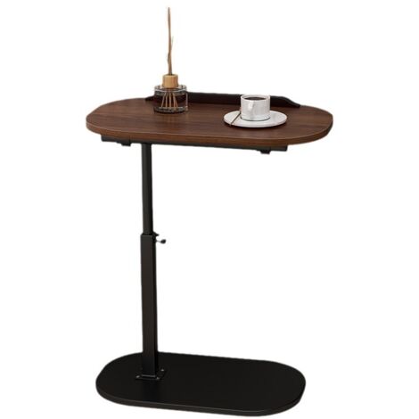 C-shaped side table, adjustable height slim end table, 360° swivel TV tray, sliding sofa tables underneath, small coffee tables in walnut color