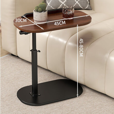 C-shaped side table, adjustable height slim end table, 360° swivel TV tray, sliding sofa tables underneath, small coffee tables in walnut color