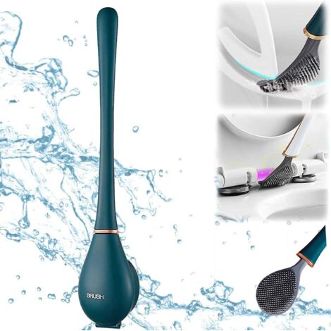Flexible toilet brush, silicone, with flat, flexible head, modern, for wall mounting, no drilling required, with quick-drying holder (blue)