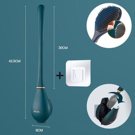 Flexible toilet brush, silicone, with flat, flexible head, modern, for wall mounting, no drilling required, with quick-drying holder (blue)