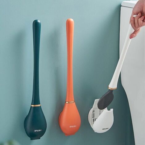 Flexible toilet brush, silicone, with flat, flexible head, modern, for wall mounting, no drilling required, with quick-drying holder (blue)