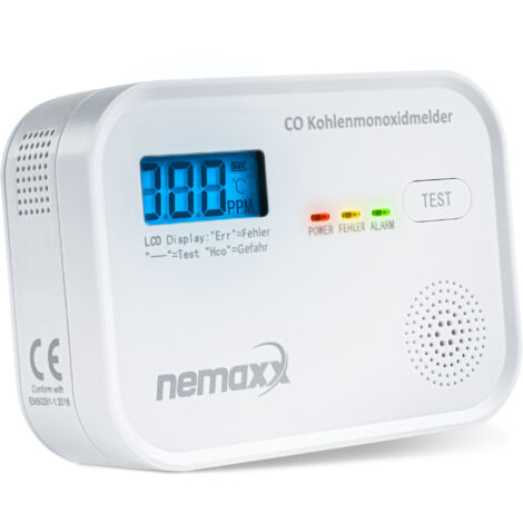 Nemaxx – Détecteur de monoxyde de carbone avec alarme 85 dB – Capteur électrochimique – Fonctionnement sur piles – Durée de vie 10 ans
