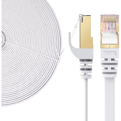 Elfcam - Câble Réseau Ethernet RJ45 Cat 7 Blindé SFTP - 20m (Flat Blanc), 10Gbps, 600MHz, 100% Cuivre, Ultra Rapide, Anti-Interférences, Idéal PC, Console, Routeur, Modem, Box Fibre