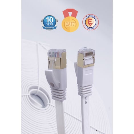 Elfcam - Câble Réseau Ethernet RJ45 Cat 7 Blindé SFTP - 30m (Flat Blanc), 10Gbps, 600MHz, 100% Cuivre, Ultra Rapide, Anti-Interférences, Idéal PC, Console, Routeur, Modem, Box Fibre