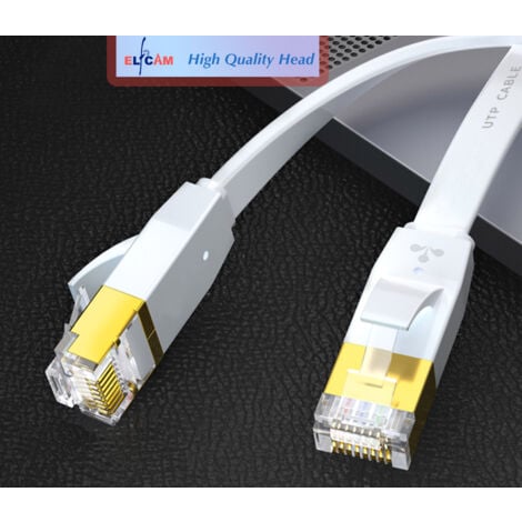 Elfcam - Câble Réseau Ethernet RJ45 Cat 7 Blindé SFTP - 30m (Flat Blanc), 10Gbps, 600MHz, 100% Cuivre, Ultra Rapide, Anti-Interférences, Idéal PC, Console, Routeur, Modem, Box Fibre