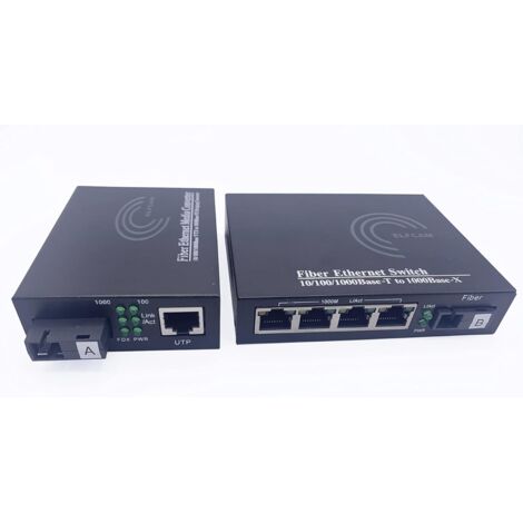 Elfcam - Lot de 2 Convertisseurs Fibre Optique Ethernet - SC Monomode, 1 Port SFP + 4 Port RJ45, Jusqu’à 20 km, Module SFP Inclus