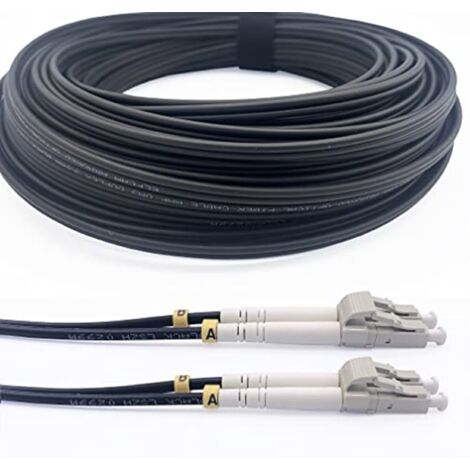 Elfcam - 15m Câble à Fibre Optique en Acier Blindé pour Extérieur et Intérieur LC/UPC à LC/UPC OM3 Multimode Duplex 50/125um Noir