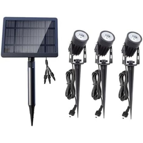 Éclairage solaire extérieur 3 spots LED IP65 – Panneau 3W – 3000K – 300 lumens – Autonomie 12h – Montage au sol ou mural