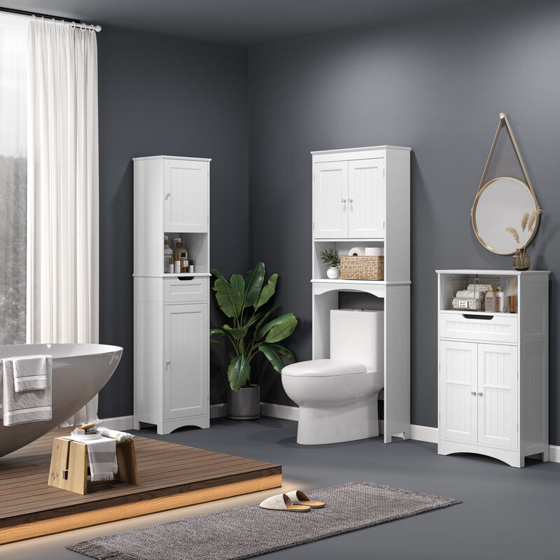 Meuble De Salle De Bain Blanc Étroit 71,2cm - Portes Coulissantes, Étagères Réglables, Rangement Gauche/Droite Interchangeable - 19x59,2x71,2 Cm