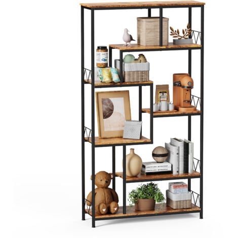 Bibliothèque Bealife Étagère de Rangement 7 Niveaux Cadre en Métal Pieds Réglable 100 x 30 x 180 cm Marron