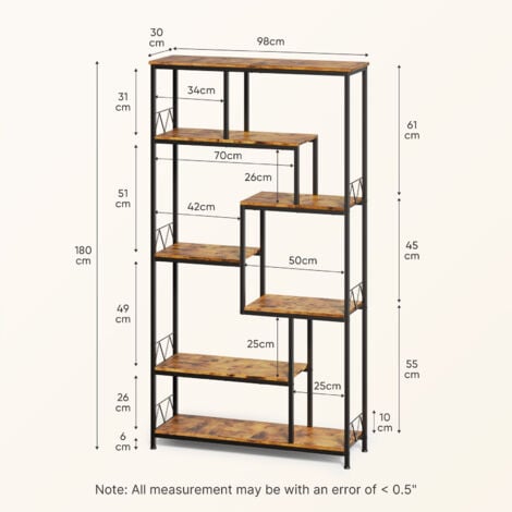 Bibliothèque Bealife Étagère de Rangement 7 Niveaux Cadre en Métal Pieds Réglable 100 x 30 x 180 cm Marron