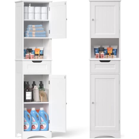 Bealife – Colonne de salle de bain sur pied 170 cm – 2 portes, 1 tiroir, 1 étagère ouverte – Panneau MDF blanc – Compartiments réglables
