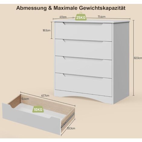 Bealife Commode Chambre 4 Tiroirs Meuble de Rangement Chambre Salon Porche Poignée Intégrée Dispositif Anti-trébuchement