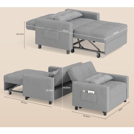 Canape Convertible Bealife Canapé Lit 1 Place Fauteuil Chaise Longue Coussin Réglable Rangement Roues Pliante