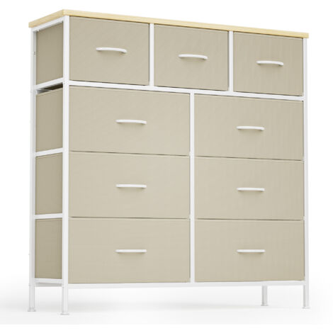 FURNITABLE Commode 9 Tiroirs Tissu Métal Bois - Meuble Rangement Chambre Salon Marron Rustique