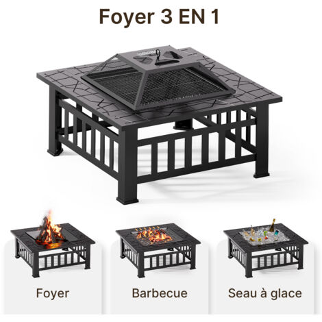 Brasero Extérieur 3 En 1 Carrée Multifonctionnelle 81X81X50Cm Pour Terrasse Balcon Poêles À Bois