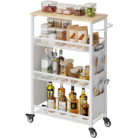 Desserte de Cuisine Bealife Étagère de Cuisine à Roulette Métal 4 Niveaux 6 Poches Latérales Meuble Rangement Chariot Blanc