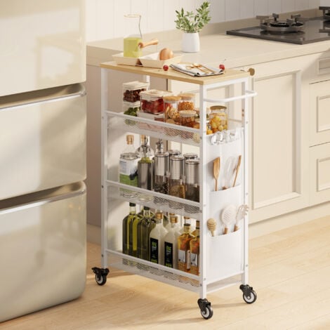 Desserte de Cuisine Bealife Étagère de Cuisine à Roulette Métal 4 Niveaux 6 Poches Latérales Meuble Rangement Chariot Blanc
